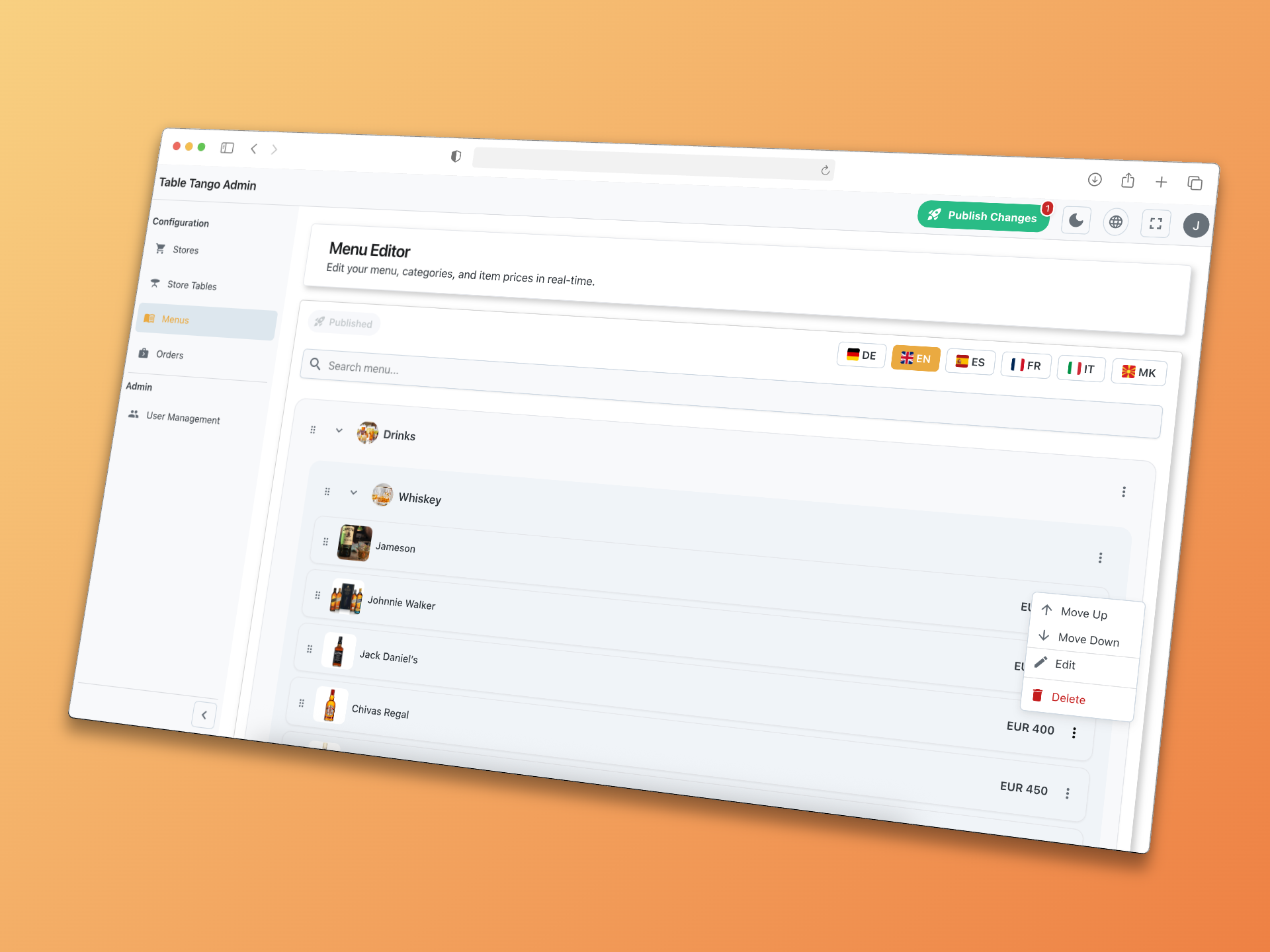 Table Tango Menu Preview